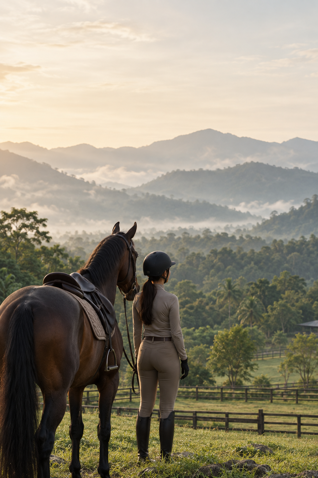 A rider resting her forehead against her horse at sunrise